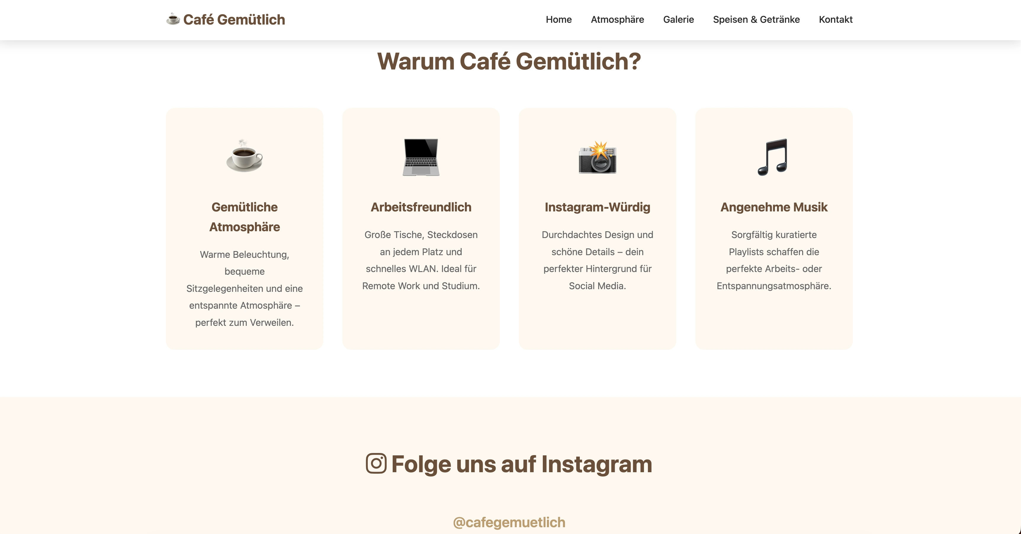 Café Gemütlich - Demo-Website für Cafés und Bars mit Menü-Präsentation und Buchung